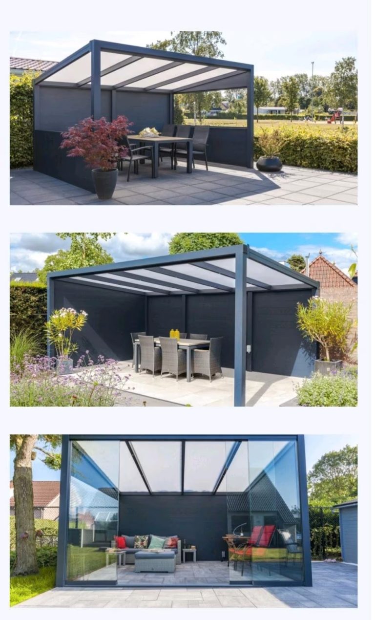 Freistehende Terrassenüberdachung Ribolla Moderne, großflächige Überdachung mit Sitzgruppe und Lagerraum im Garten.